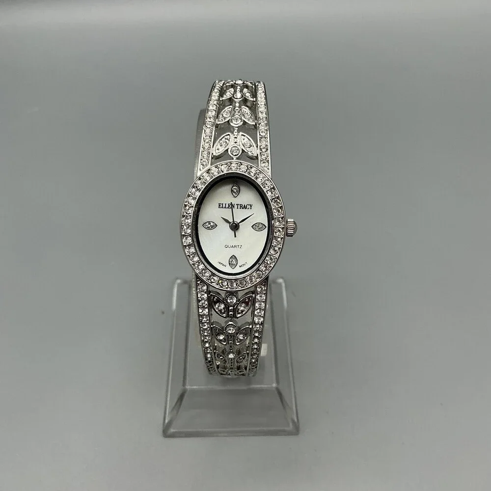 Ellen Tracy ETS048 Womens Watch 21mm MOP Dial Silver Tone Crystals New Battery